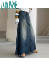 Lunivop Woman Casual Denim Pleated Plush Skirt Maxi High Waist Gradient Color Tie-Dyed Wash Simple